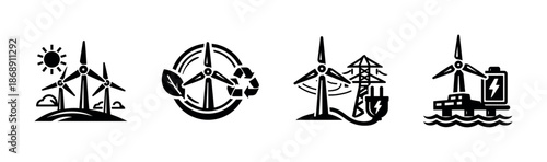 Renewable energy vector icons set: wind turbines, eco power, sustainable tech symbols