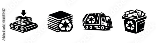 Recycling process vector icons set: paper, truck, waste bin, eco-friendly symbols