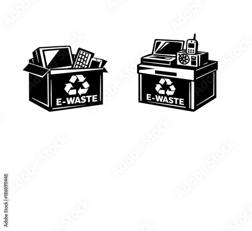 E-waste recycling vector icons set: electronic waste, disposal, sustainability