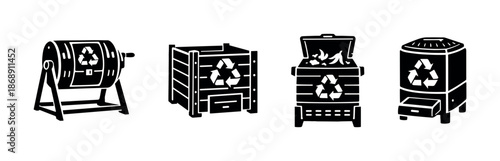 Composting equipment vector icons set. eco-friendly compost bins, recycling symbols.