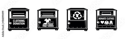 Clothing donation bins vector icons set. charity, recycling. monochrome symbols