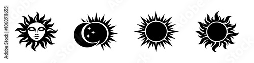 Sun and moon vector icons set: celestial symbols, flat black sun, moon, star, design