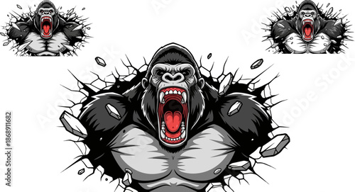Fierce silverback gorilla bursting through a solid wall design in a powerful aggressive breaking motion on white background