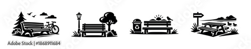 Park benches vector icons set with nature scenery and outdoor elements