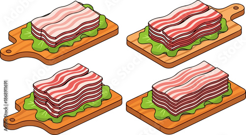 Collection of four different thick cuts of raw marbled pork belly bacon stacked neatly on wooden cutting boards on white background