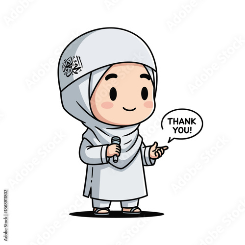 Cartoon Muslim girl in hijab holding microphone and saying thank you.