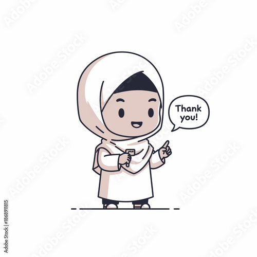 Cartoon Muslim girl expressing gratitude with a thank you gesture.