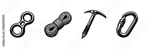 Climbing gear vector icons set: ropes, carabiner, axe, descender collection