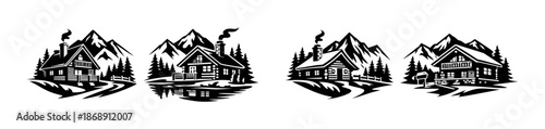 Rustic cabins vector icons set with mountain and forest scenery