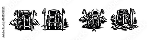 Camping adventure vector icons set: backpacks, mountains, hiking symbols collection