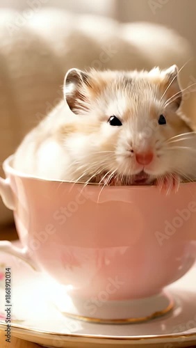 Cute Fluffy Hamster Resting in a Pink Teacup Adorable Pet Moment