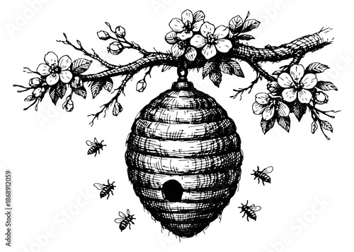 Hand drawn line art illustration of a beehive and bees depicting a spring scene for natural and agriculture themes