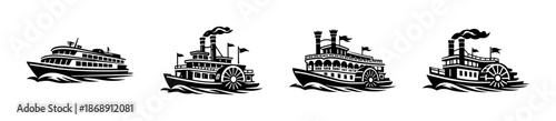 Steamboat vector icons set: vintage, traditional, paddlewheel, riverboat designs