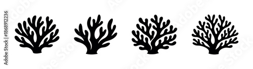Coral reef vector icons set: ocean, marine, sea life symbols in black silhouette
