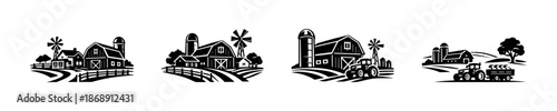 Farming and agriculture vector icons set: barns, windmills, tractors