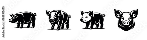 Pig vector icons set: silhouettes and outlines of pigs for farm and agriculture