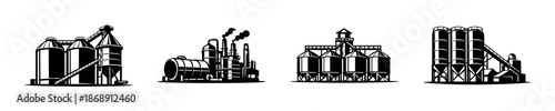 Industrial buildings vector icons set: silo, factory, refinery, processing plant