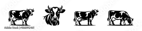 Cow vector icons set showcasing cattle in various poses and silhouette design