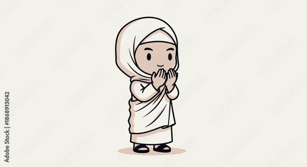 Fototapeta premium Cartoon Muslim Girl Praying with Hands Together in White Hijab.