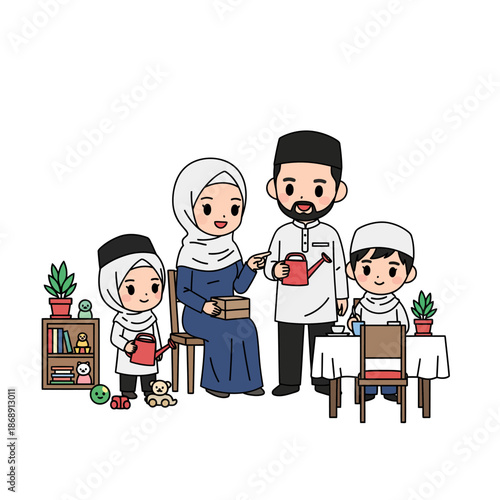 Cartoon Muslim family having breakfast together at home.