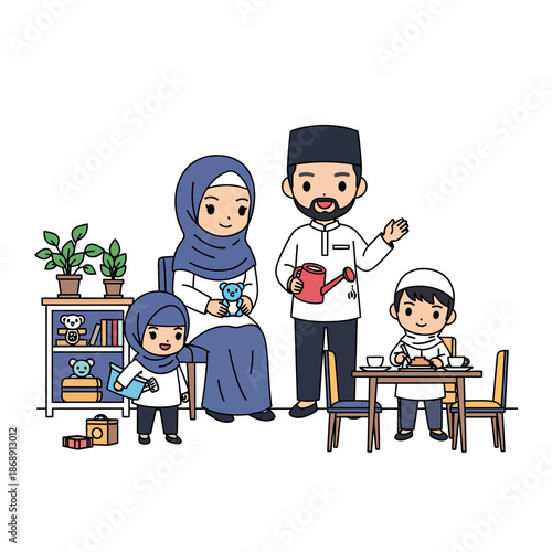 Muslim family having breakfast together at home.