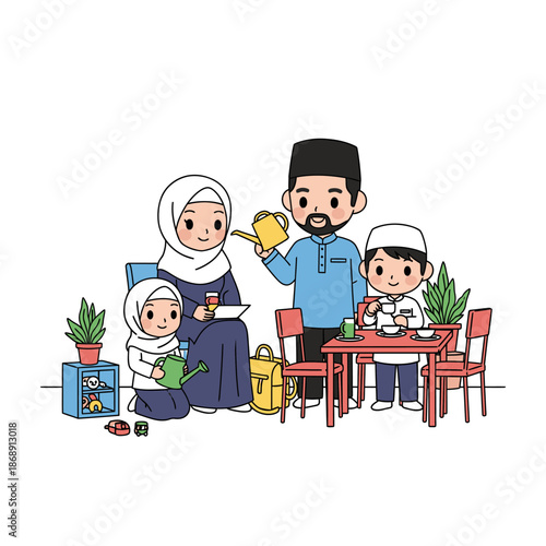 Muslim family enjoying meal together at home.
