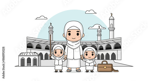 Muslim family with children standing in front of a mosque.