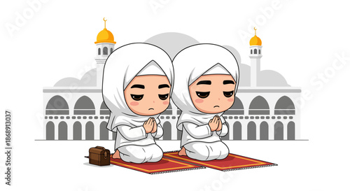 Two Muslim women praying together in a mosque.