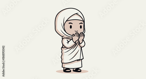 Cartoon Muslim Girl Praying with Hands Together in White Hijab.