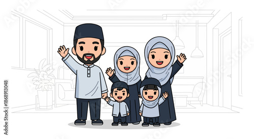 Happy Muslim family with children standing together in a home.