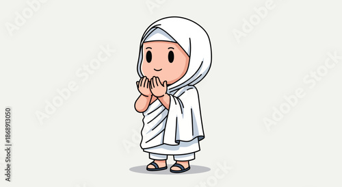 Cartoon Muslim girl praying with hands together in white hijab.