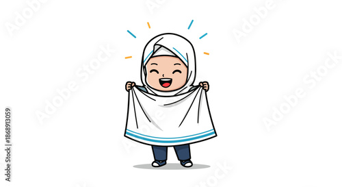 Cartoon girl wearing hijab holding a white cloth with a smile.