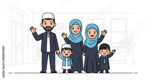 Illustration of a Muslim family with two children standing together happily.