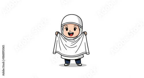 Cartoon character wearing traditional Muslim clothing and headscarf.