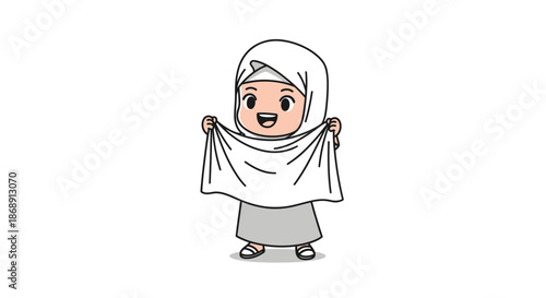Cartoon girl wearing white hijab and holding her veil.