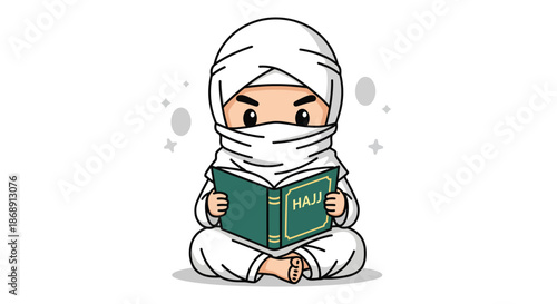 Cartoon character reading a green book with the word Hajj on the cover.