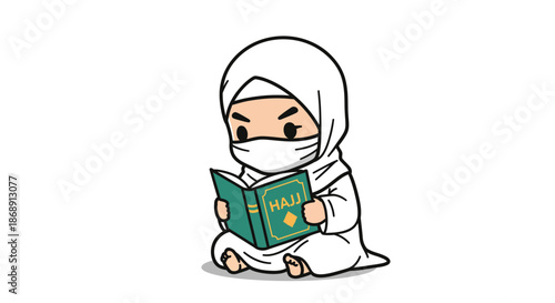 Muslim girl reading Quran in white hijab and robe.