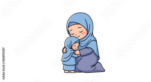 A serene cartoon illustration of a Muslim woman in hijab embracing a child.