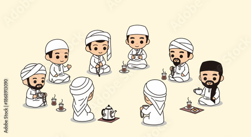 Group of Muslim men having tea together in a traditional setting.