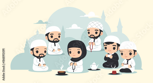 Group of Muslim men and woman praying together in a serene environment.