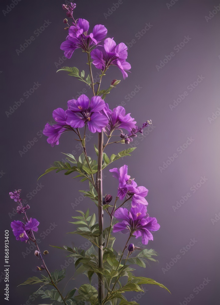 Obraz premium Vibrant purple flowers on tall stem with leaves and seed pods, Asclepias speciosa, wildflower, San Francisco Bay Area