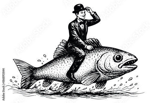 Hand drawn line art illustration of a gentleman riding a fish depicting an adventurous journey for a unique business concept