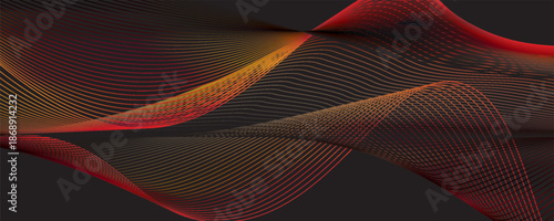 Smooth wavy lines, bright orange. The composition of waves is small dots, black background, designed with soft but elegant textured materials.