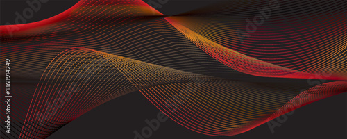Smooth wavy lines, bright orange. The composition of waves is small dots, black background, designed with soft but elegant textured materials.