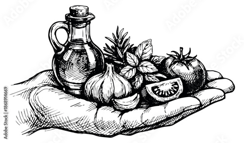Hand drawn illustration of italian food ingredients depicting a hand holding olive oil, garlic, basil, rosemary, and tomatoes for cooking