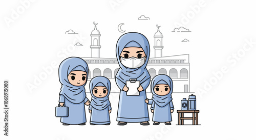 Muslim family standing together in front of a mosque.