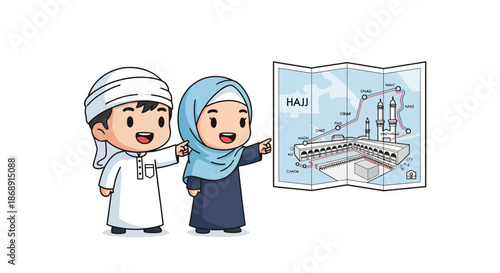 Cartoon Muslim couple pointing at a map of Hajj pilgrimage site.