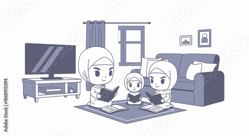 Family using digital devices together in living room.