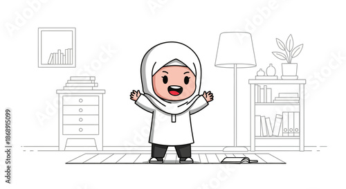 Cheerful cartoon girl wearing hijab standing in a simple living room.