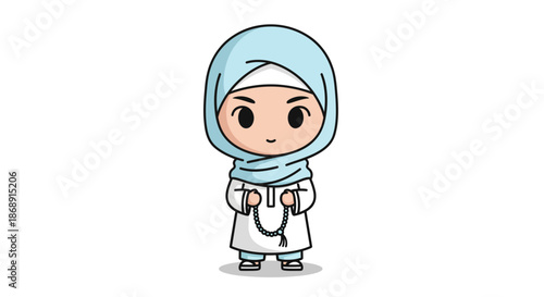 Cartoon illustration of a young Muslim girl wearing hijab and holding a rosary.